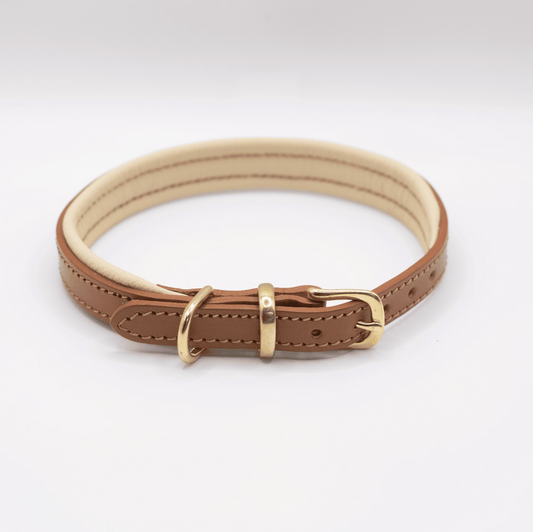 D&H Padded Leather Dog Collar Tan and Cream